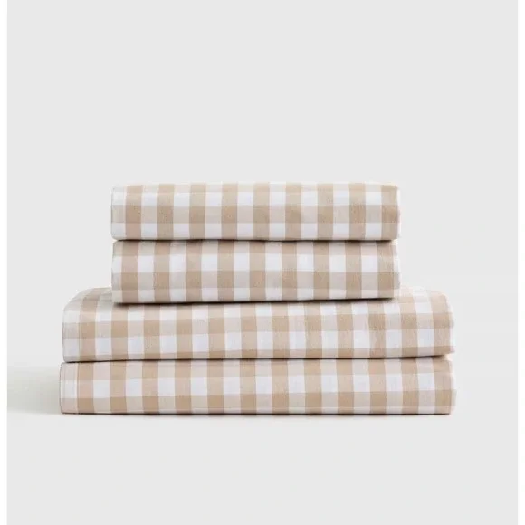 Quince Classic Organic Percale Gingham Sheet Set Cal King Size Cafe 100% Cotton - Picture 1 of 5